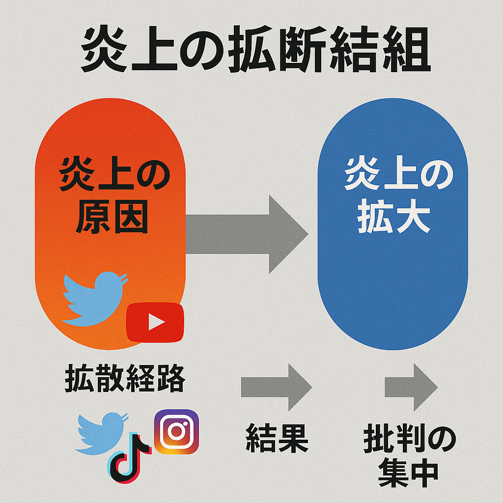 炎上が拡散する仕組みを示した図(投稿→拡散→拡大)