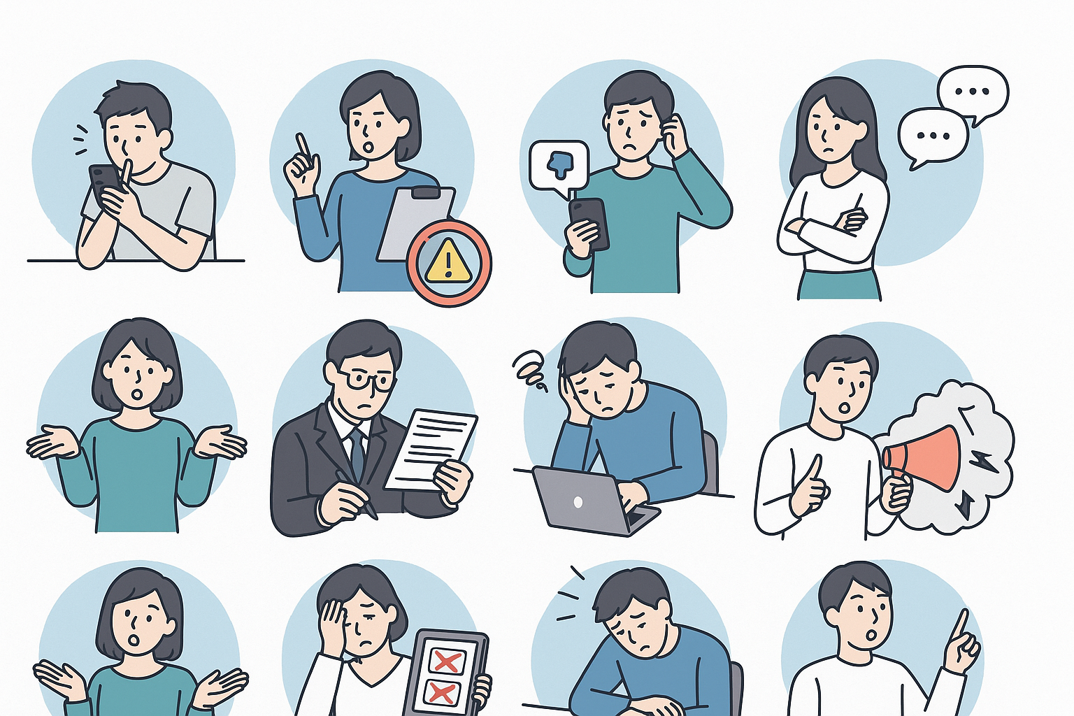 SNSでよくある失敗10パターンをイラストだけで表現した図解。驚き、困惑、落胆、混乱するキャラクターの場面が並ぶ。