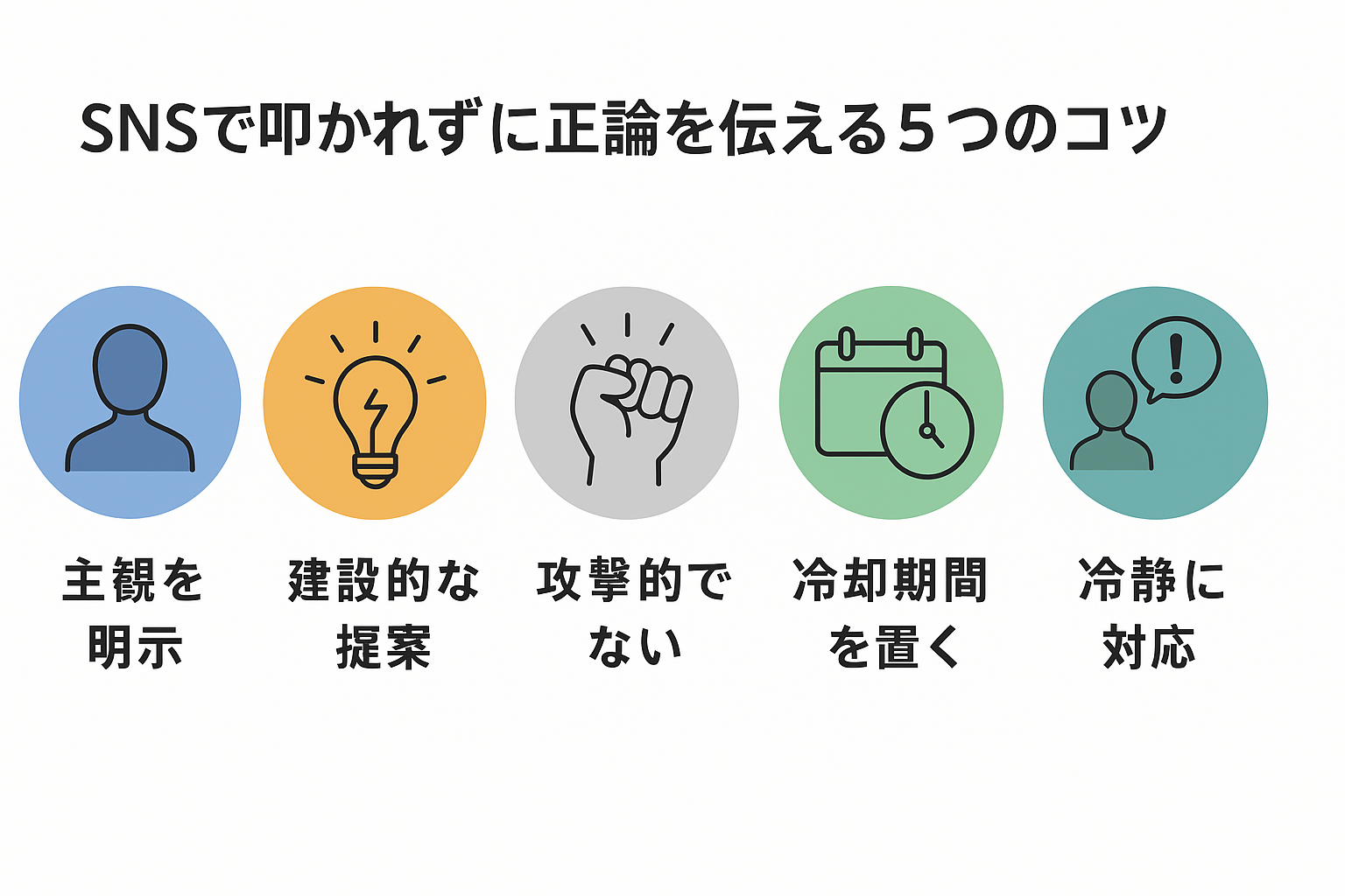SNSで叩かれずに正論を伝える5つのポイントを、それぞれシンプルな人物・アイコン・カレンダー・電球・対話図で表現したイラストのみのインフォグラフィック（文字なし）。