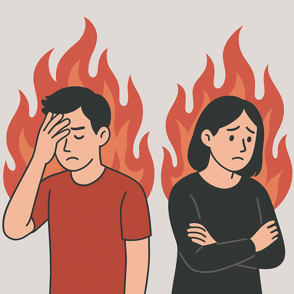 SNSで叩かれて落ち込んでいる男女のイラスト。背景に炎があり、ストレスや感情的反応を象徴的に表現。