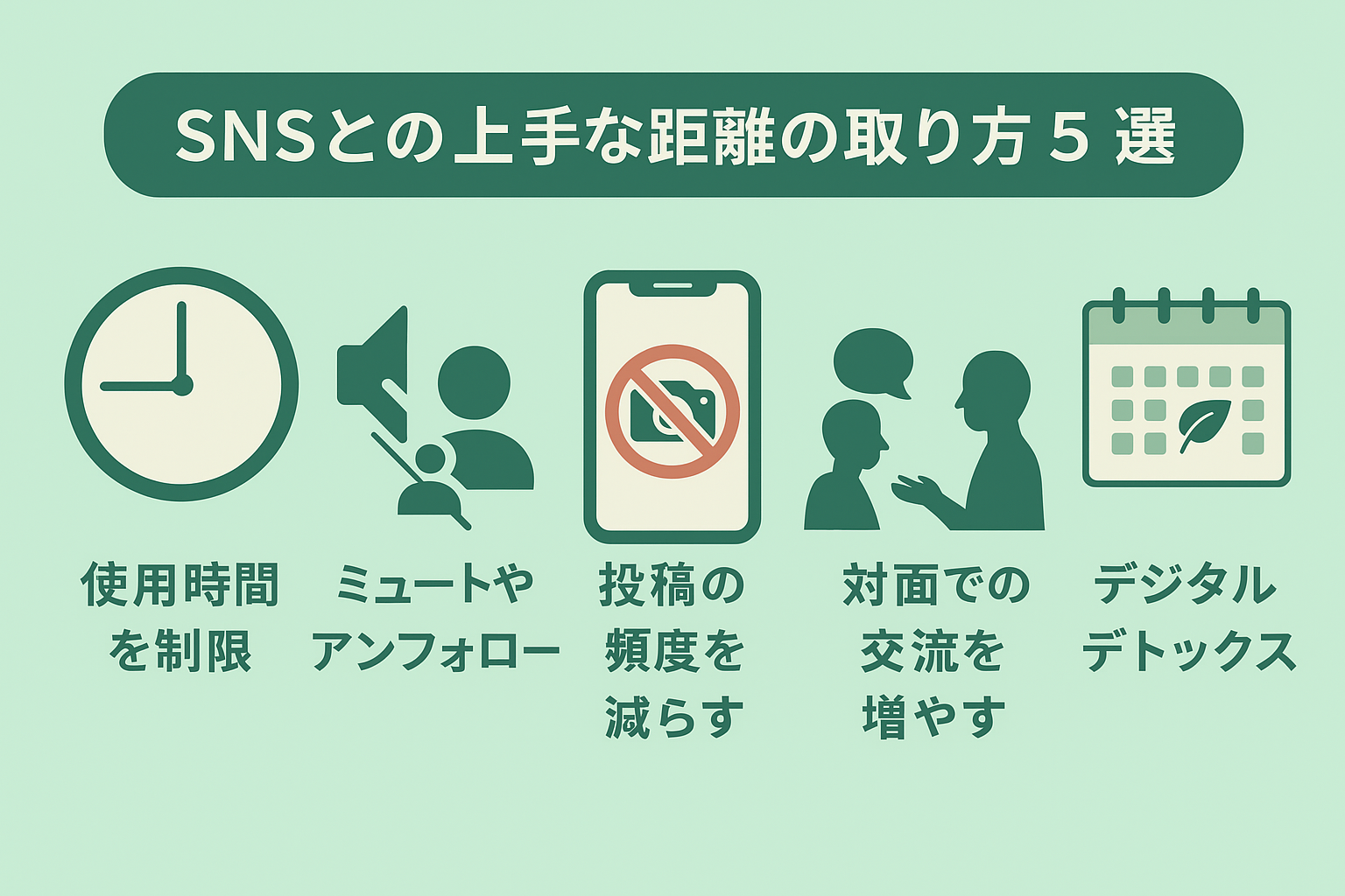 SNSとの上手な距離の取り方5選（使用時間制限／ミュートやアンフォロー／投稿頻度制限／対面交流／デジタルデトックス）をアイコンで示した日本語図解。