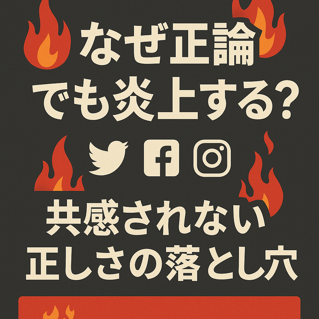 なぜ正論でも炎上するのかをテーマにしたインフォグラフィック。SNSアイコンと燃え上がる炎を背景に、理由を示す赤帯が中央に配置された構図。

